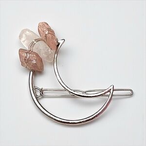 Handmade Rose Quartz And White Quartz Silver Crescent Moon Hair Clip